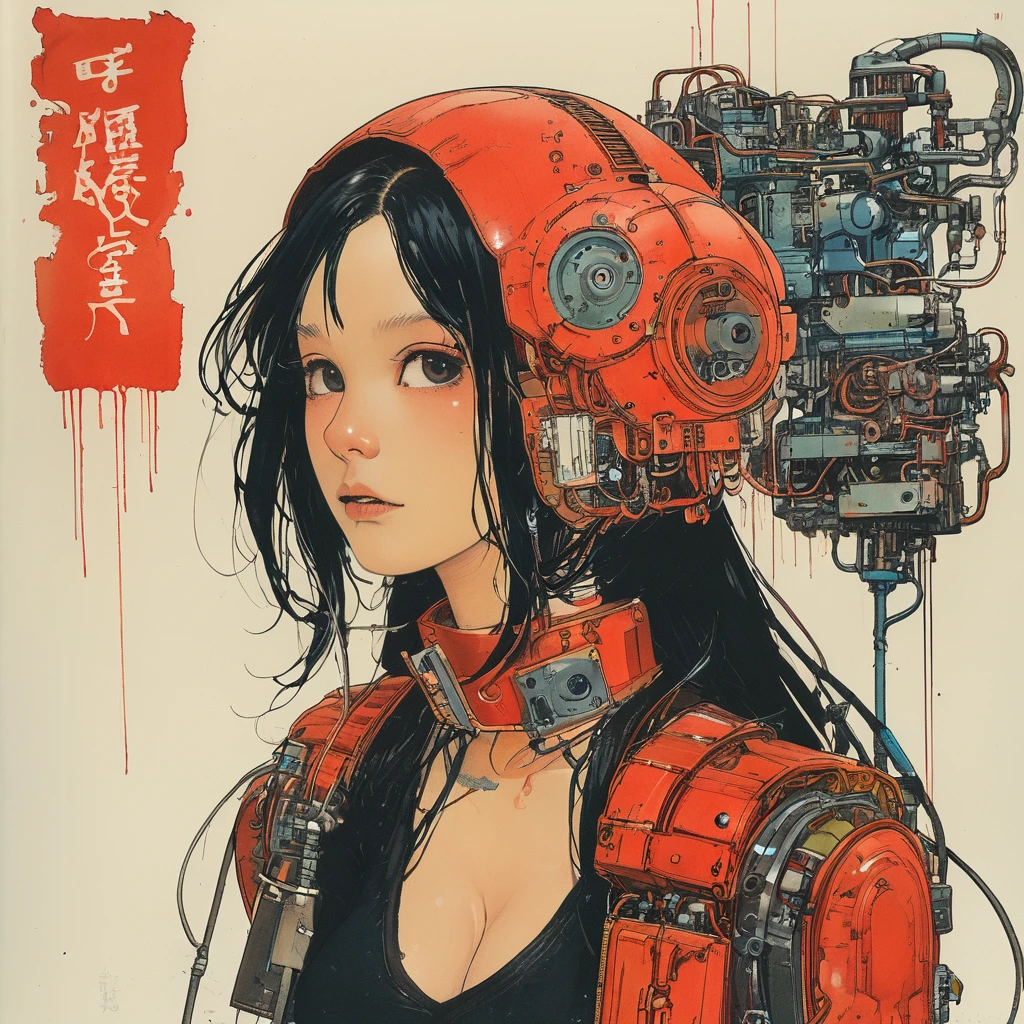 1 female demonic  cyborg , tubes connected to the wall
beautiful 
long black hair
praying
mechanical limbs
red turtle neck tight
skulls
(color ink painting by  Katsuhiro Otomo, Moebius, Victo Ngai	 Katsuya Terada, Aaron Horkey )