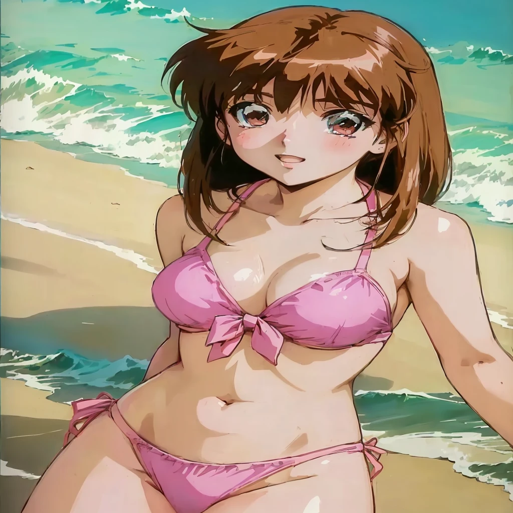 Anime girl in a pink bikini standing on the beach with the ocean in the background, Beautiful and attractive anime teen, Enchanting anime girl, Takano Aya color style, rei hiroe, Attractive anime girl, juri misaki, Classic Girls&#39; Manga, tsubasa hanekawa, chiaki nanami, I also make fan art, rumiko, Chiho, Cute Anime Girl