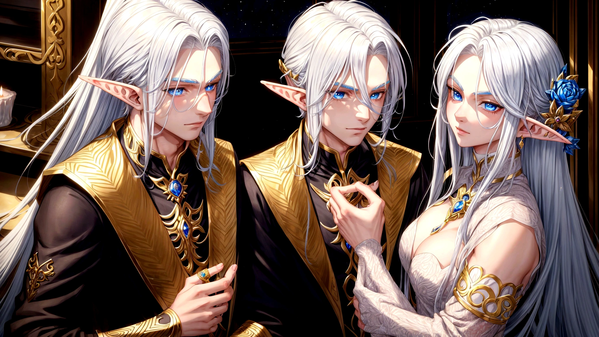 guy with golden hair, elf girl with silver hair and blue eyes, a guy with masculine features is in love with a girl