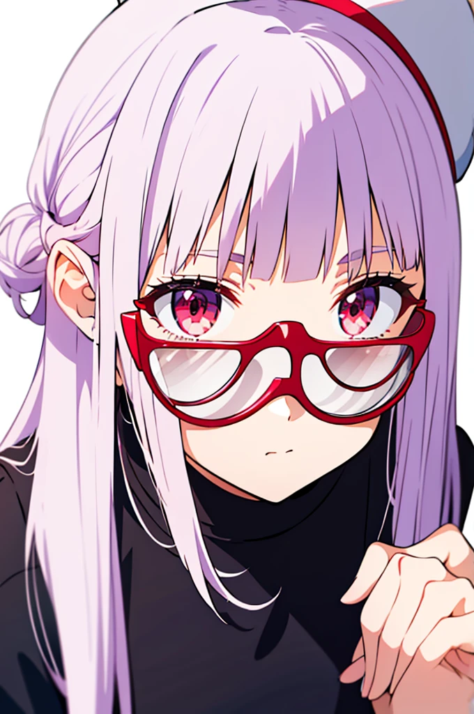 girl, white background, white beanie, bangs, light purple hair, red eyes, glasses, [black t-shirt]