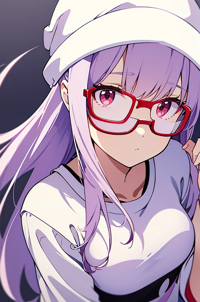 girl, white beanie, bangs, light purple hair, red eyes, glasses, [black tanktop], choker,