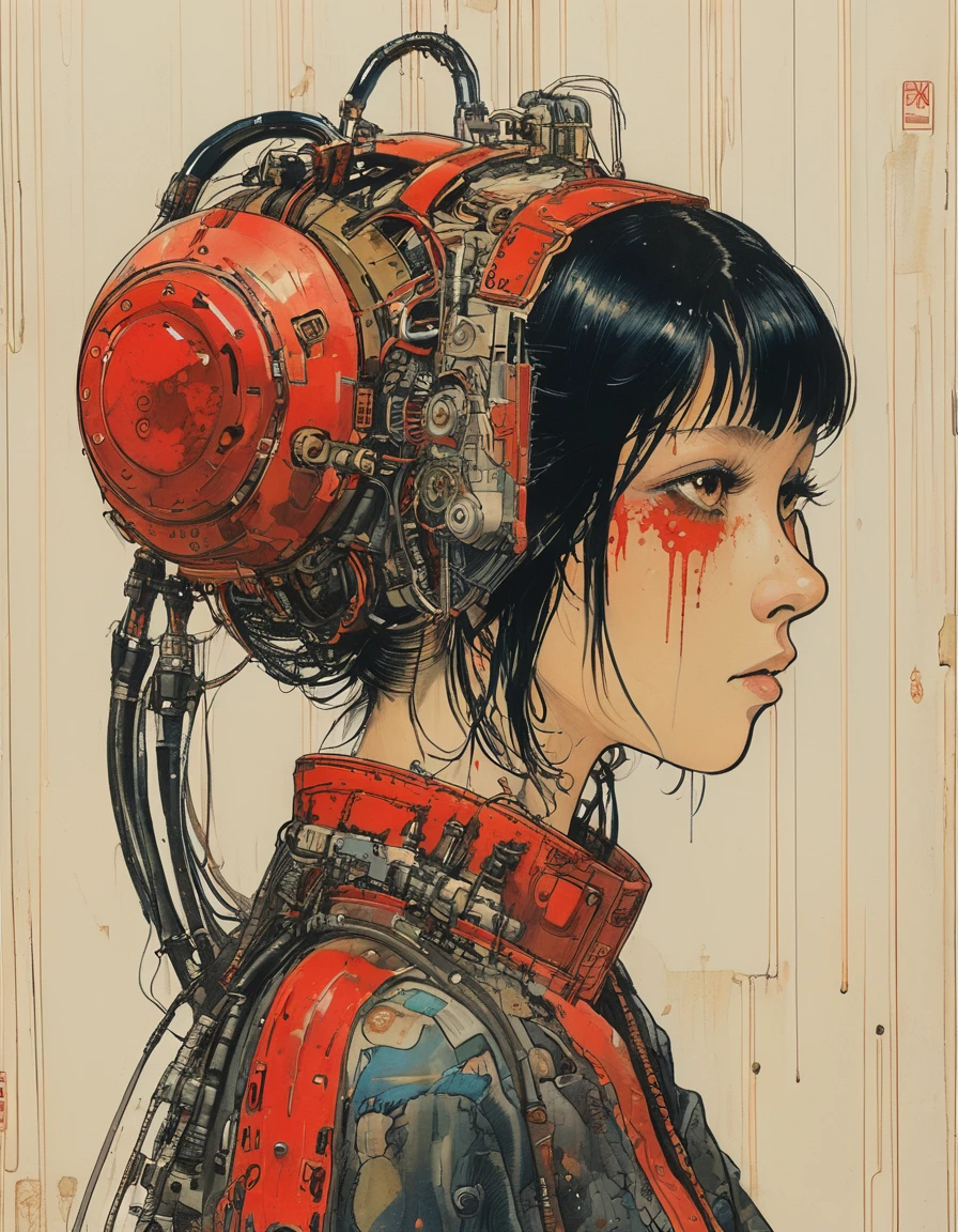 1 female demonic  cyborg , tubes connected to the wall
beautiful 
long black hair
praying
mechanical limbs
red turtle neck tight
skulls
(color ink painting by  Katsuhiro Otomo, Moebius, Victo Ngai	 Katsuya Terada, Aaron Horkey )