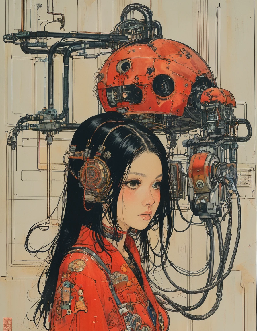 1 female demonic  cyborg , tubes connected to the wall
beautiful 
long black hair
praying
mechanical limbs
red turtle neck tight
skulls
(color ink painting by  Katsuhiro Otomo, Moebius, Victo Ngai	 Katsuya Terada, Aaron Horkey )