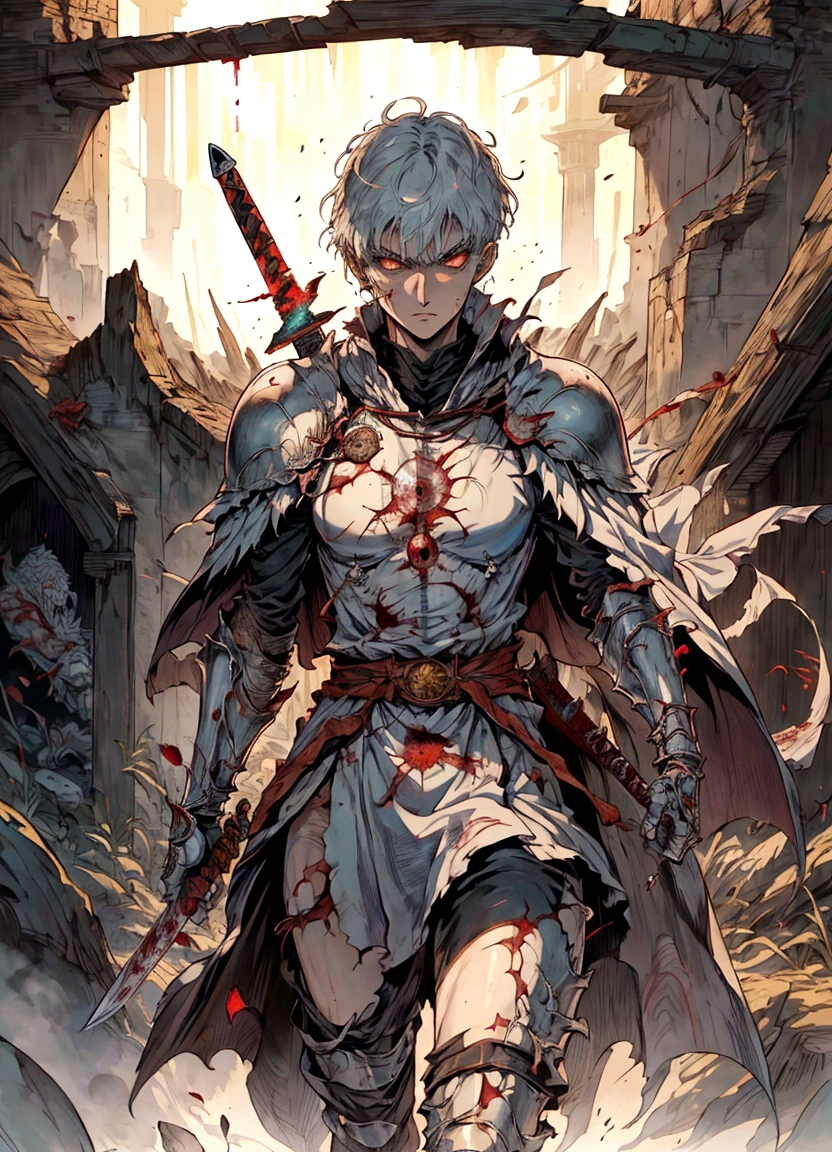 anime character with a sword and a cape walking through a tunnel, berserk art style, fus rei, berserk style, berserk guts, from berserk, 4 k manga wallpaper, guts berserk, highly detailed exquisite fanart, guts from berserk, boris valejo. octopath traveler, berserk, male anime character, anime in fantasy style, berserk blood