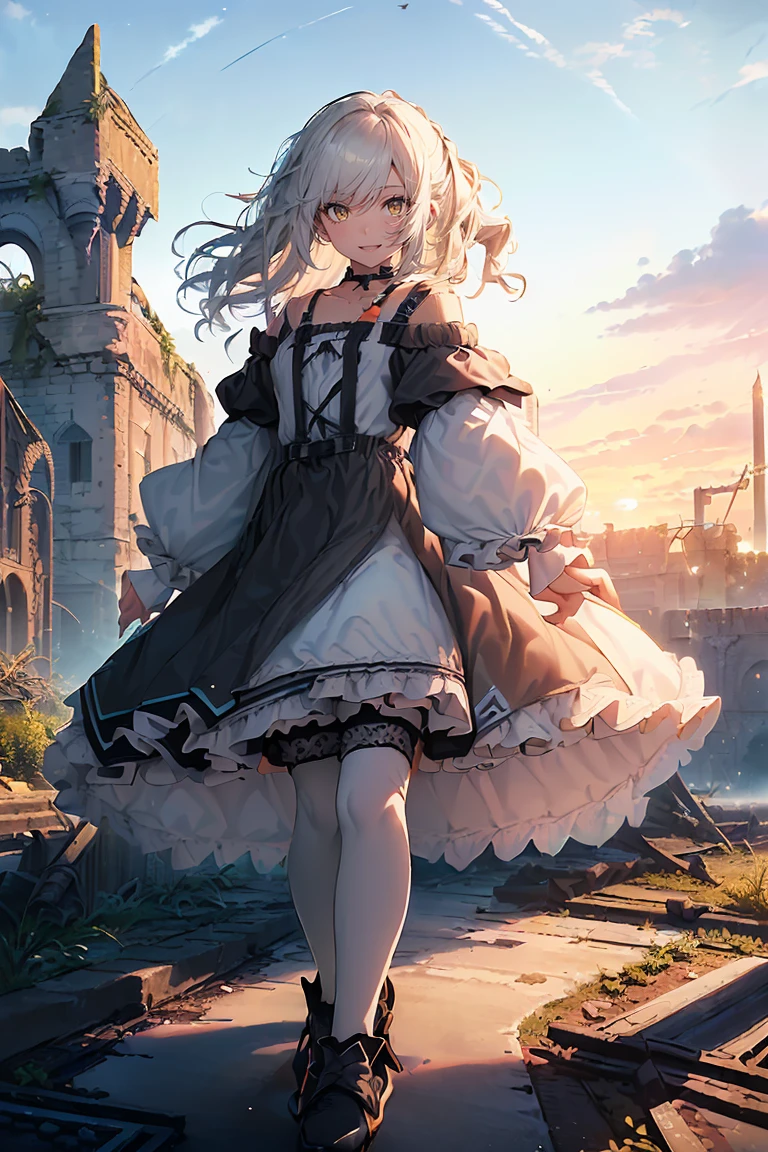 1 girl, solo, full body, standing, background with((fantasy world, ruins, fort, beautiful sky, shining sky, sunshine, castle:1.55)), girl with(((medium hair, long hair, one side up:1.48), (camisoles, suspenders, belt, blue clothes, cross, choker, collarbone, dress, wind blowing dress, lace dress, frills camisoles, off-shoulder sleeves, half-sleeves, black pumps, black footwear:1.37), ((white legwear, single legwear:1.55)))