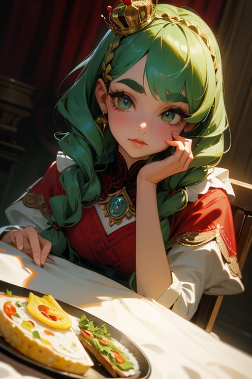 (Highest quality, masterpiece:1.2), High resolution, Very detailed, Realistic:1.37, Fantasy, An illustration, Green Eyes、Queen, Red lace dress.Platinum decoration、beautifully、Eyeshadow Red、Thick eyebrows、Long eyelashes、pupils are black、Her hair is dark green、Gold crown、Kissing Face、Embarrassing、Beloved by the crowd、Hair is green、Braiding、hair ornaments、((Eat omelet rice))