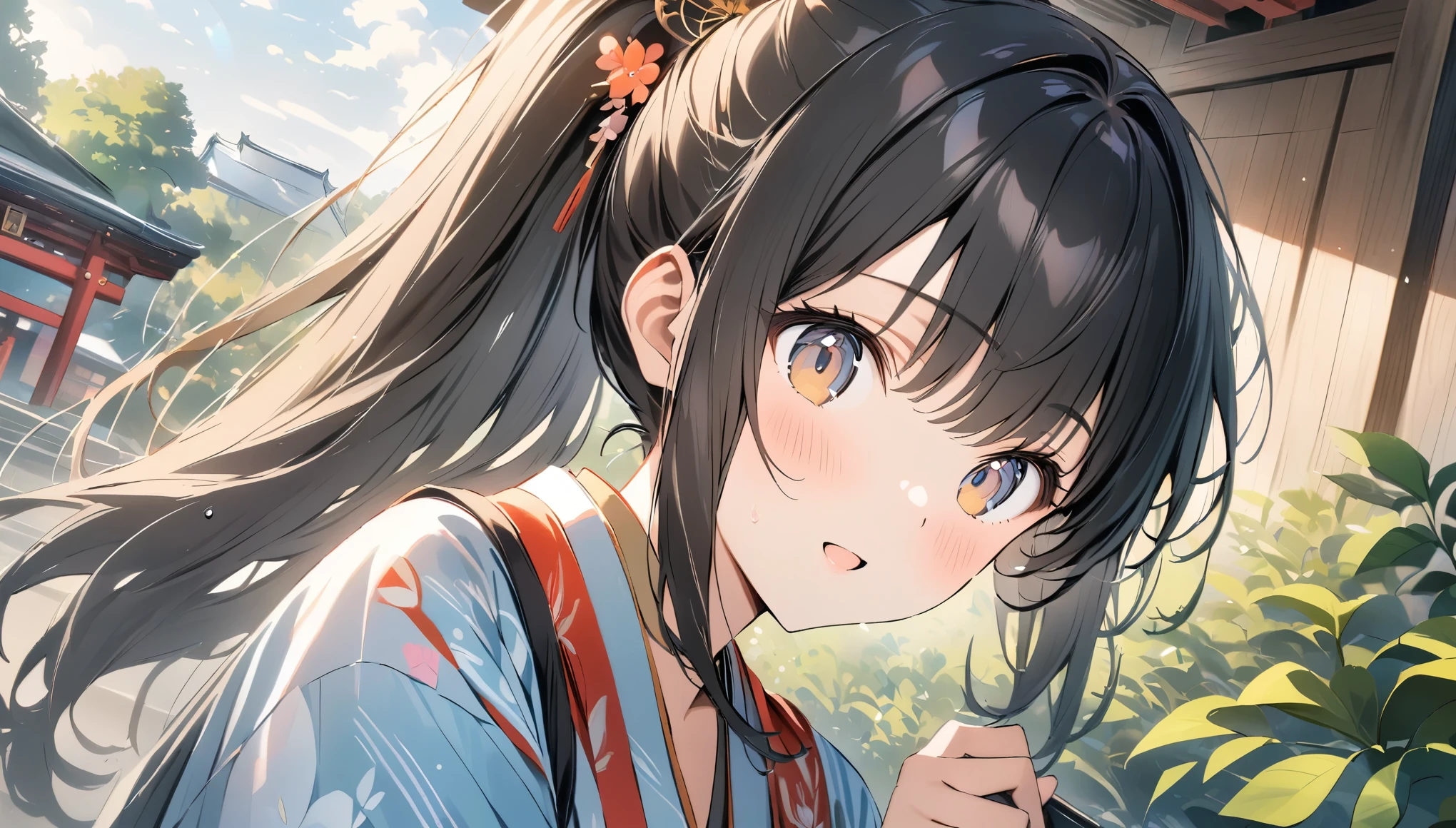 uhd, retina, masterpiece, accurate, high details, best quality, highres, award winning、Crystal clear image quality、Wood、Lens flare、wood々The grounds are overgrown with、girl wearing kimono、The wind blows my hair to the left、Illustration in motion、Japanese taste、Black Hair、ponytail、hair ornaments、Looking at this、cute、Drawing with emphasis on green、Shrine in the background