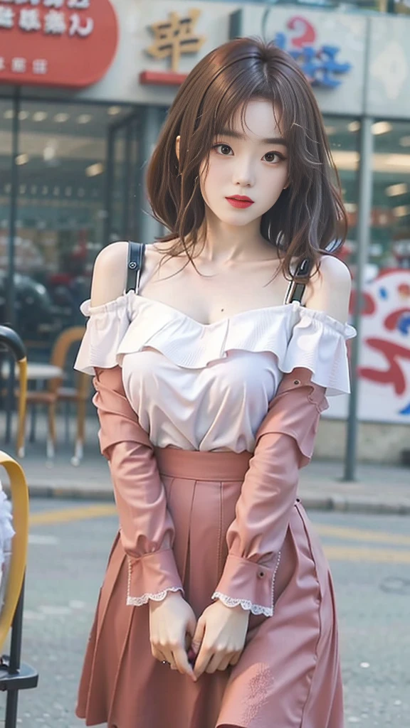 top-quality、超A high resolution、Photorealsitic、1 Idol Girl、with round face、White lace loose shirt emphasizing off-shoulder chest、tight skirts、Amusement park roller coaster in the background、Take a selfie with camera in one hand、Footage taken with your own camera、selfie photo、(Red-brown wavy bob cut hair、Floating hair)、huge-breasted、Selfie close-up、Look at viewers、