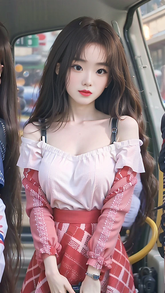top-quality、超A high resolution、Photorealsitic、1 Idol Girl、with round face、White lace loose shirt emphasizing off-shoulder chest、tight skirts、Amusement park roller coaster in the background、Take a selfie with camera in one hand、Footage taken with your own camera、selfie photo、(Red-brown wavy bob cut hair、Floating hair)、huge-breasted、Selfie close-up、Look at viewers、