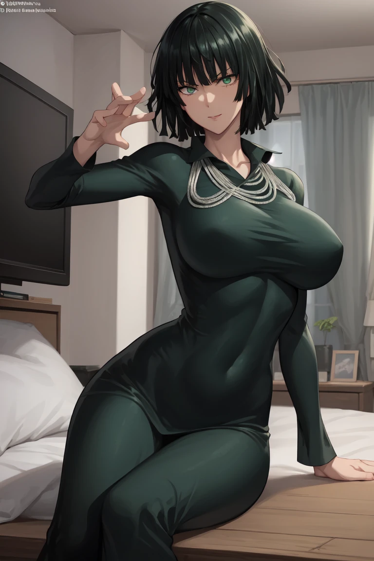 1girl,alone,(Fubuki\(One Punch Man)\), ass, from behind, (from bottom: 1.3), dominatrix, greenish-black tight clothing, short hair, greenish-black hair, green eyes, green leather, living room , wooden furniture, seductive, smiling, closed mouth, makeup, light pink lipstick, anime, individual focus, (point of view), detailed face, complex skin, nightgown, side head view, arrogant, disgust, warm light, big breasts, wide waist, wide hips, wide thighs, round butt