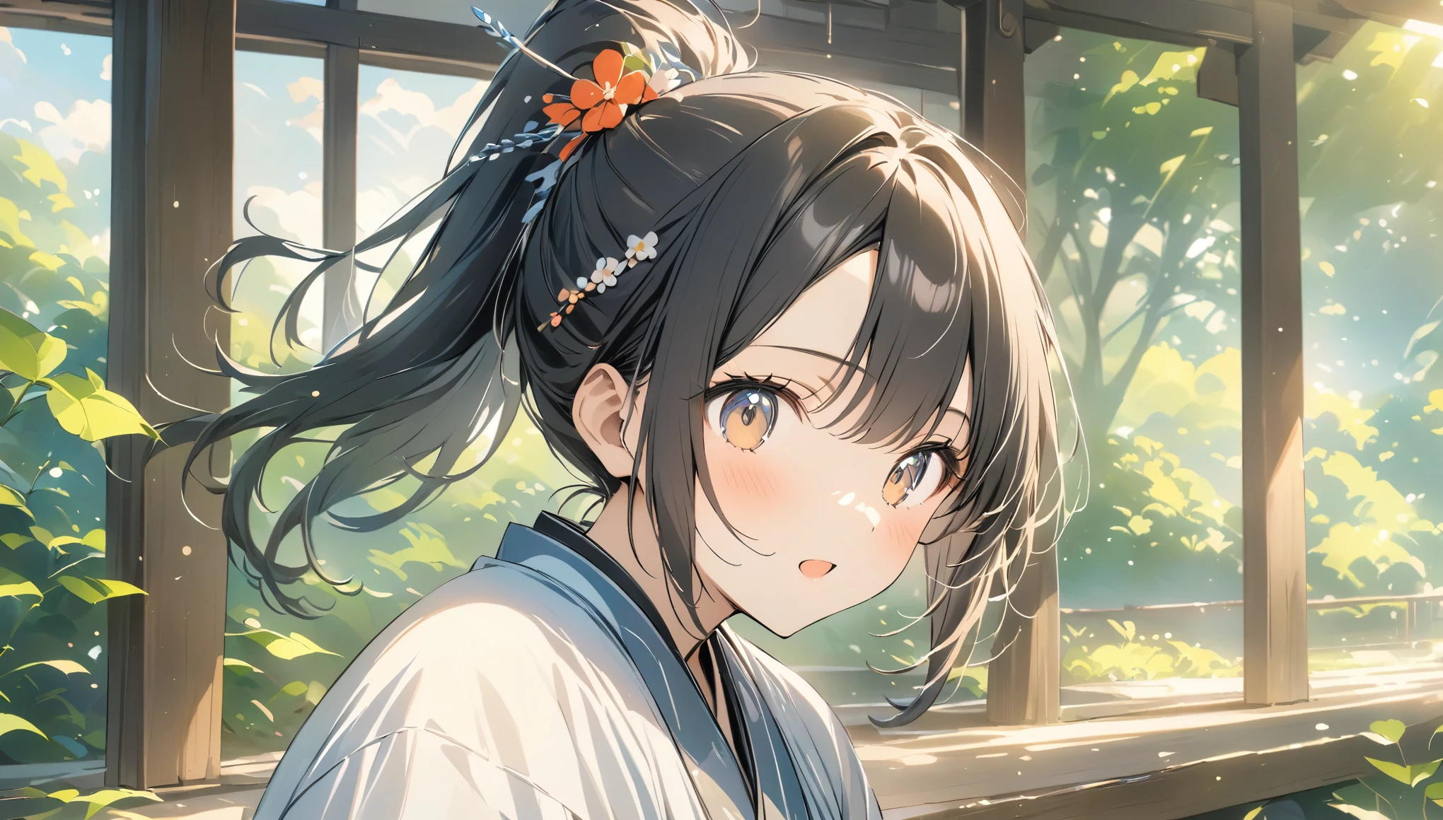 uhd, retina, masterpiece, accurate, high details, best quality, highres, award winning、Crystal clear image quality、Wood、Lens flare、wood々The grounds are overgrown with、girl wearing kimono、The wind blows my hair to the left、Illustration in motion、Japanese taste、Black Hair、ponytail、hair ornaments、Looking at this、cute、Drawing with emphasis on green、Shrine in the background,(風がなびく:1.3),(葉っぱが舞い上がる:1.2)