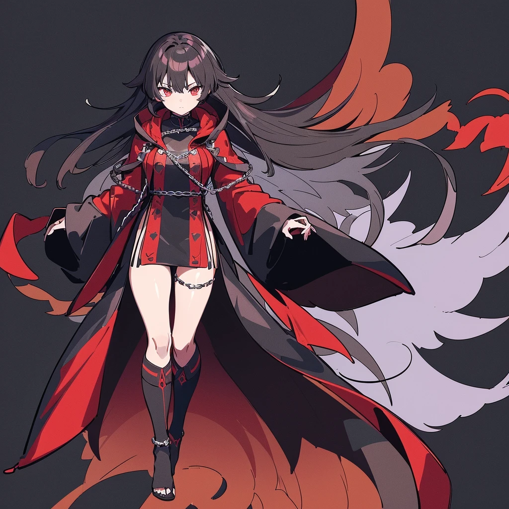 A girl wearing a dress with chains wrapped around it, ((wearing a noble robe)),  full body black and red longcoat, inspired by Okumura Masanobu, Anime full body illustration, Anime VTuber Full Body Model,  full body black and red longcoat, Anime full body illustration