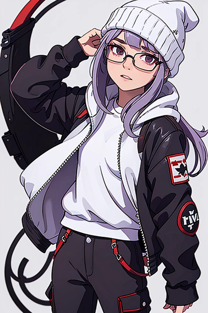 girl, white background, white beanie, bangs, light purple hair, red eyes, glasses, black leather jacket, cargo pants