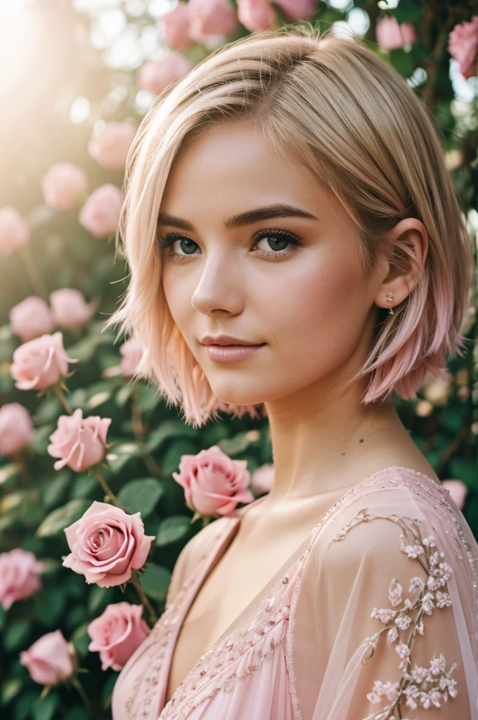 8k, RAW photo, Fujifilm, style photo of a beautiful young woman half cyberog in a garden of light pink roses (highly detailed skin: 1.2) Style-Petal BREAK short hair, blonde hair with colored locks, wearing a dress, film granulation, 35mm, cute style