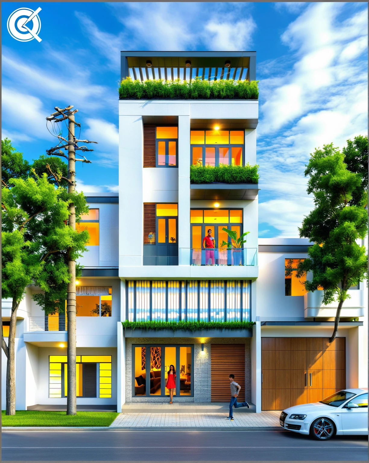Masterpiece, high quality, best quality, authentic, super detail, outdoors, house style modern, bietthuhn, white wall, glass windows, gate road, pavement, grass, trees, Beautiful_sky, SUNSET, (day:1.1), realistic lighting