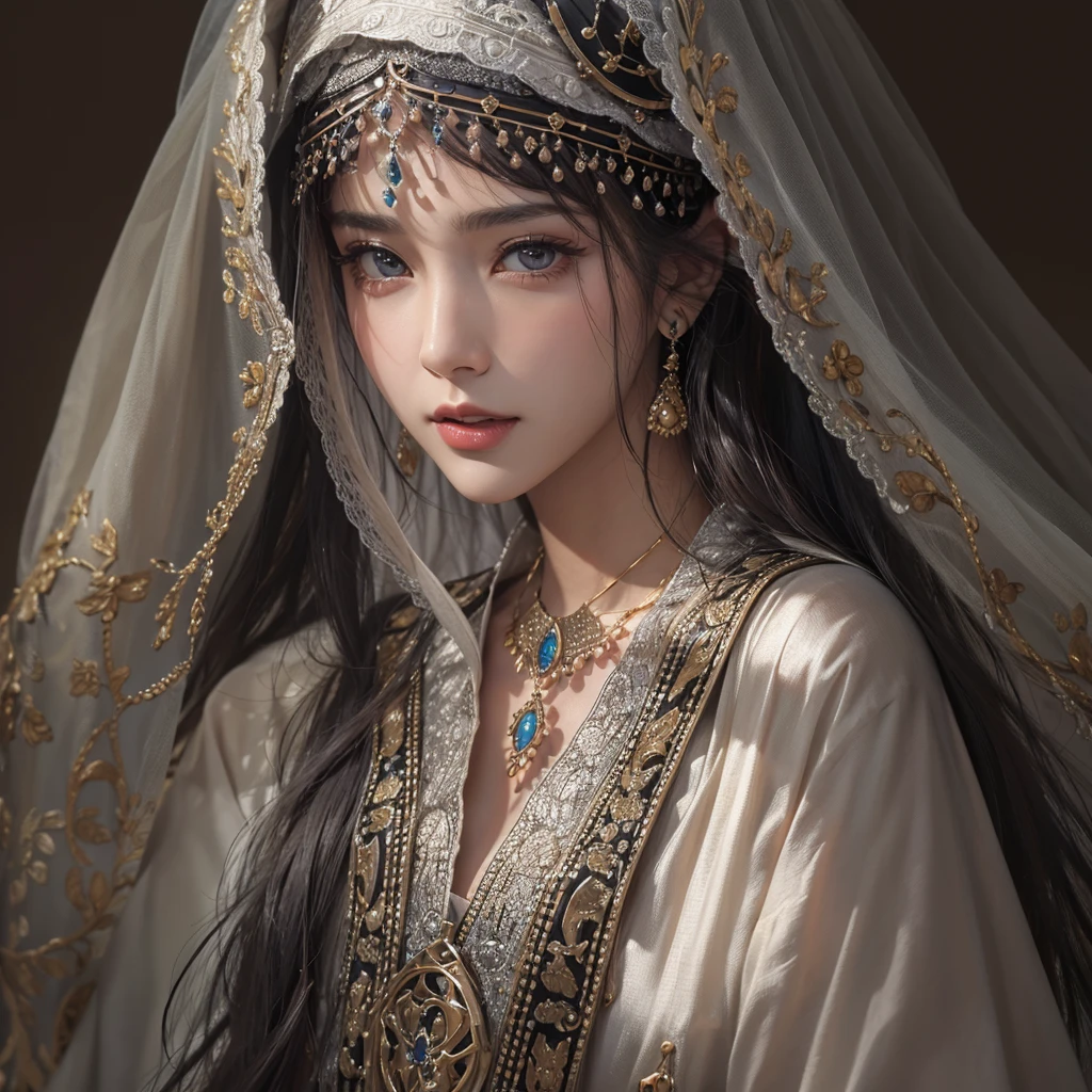 Standing in the ancient Islamic、Blowing hair 、 ((Highest quality、masterpiece、8K、Best image quality、Ultra-high resolution、Award-winning works)、(Accurate anatomy:1.1)、(Look at me and smile:1.0)、Shining fair skin with Ultra-high resolution、The most detailed face、Ultra-high resolution detailed face、Ultra-high resolutionの髪の毛、(Ultra-high resolution eye:1.1)、Beautiful face drawn in every detail、Ancient Islamic clothing, Chest to chest, Dark atmosphere,Dark Light, Ancient Islamic Makeup,