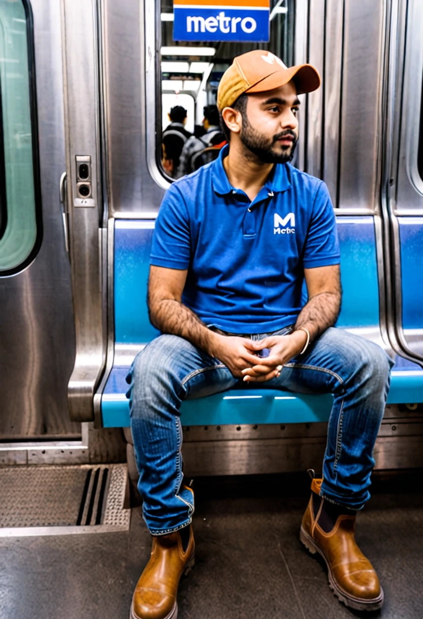 A man sitting in a metro rail.wearing casual clothes and boots