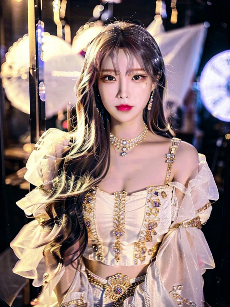 a beautiful young korean idol woman, 1girl, detailed eyes, beautiful detailed lips, long eyelashes, extremely detailed face and skin, flawless makeup, elegant expression, intricate jewelry, detailed clothing, complex background, (best quality,4k,8k,highres,masterpiece:1.2),ultra-detailed,(realistic,photorealistic,photo-realistic:1.37),studio lighting,HDR,vivid colors,professional photography