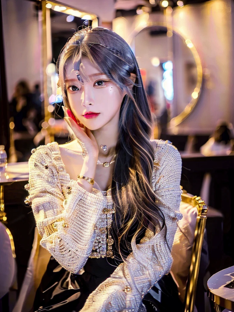 a beautiful young korean idol woman, 1girl, detailed eyes, beautiful detailed lips, long eyelashes, extremely detailed face and skin, flawless makeup, elegant expression, intricate jewelry, detailed clothing, complex background, (best quality,4k,8k,highres,masterpiece:1.2),ultra-detailed,(realistic,photorealistic,photo-realistic:1.37),studio lighting,HDR,vivid colors,professional photography