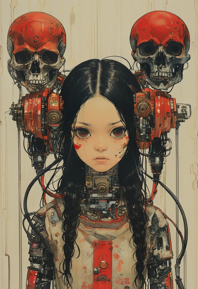 1 female demonic  cyborg , tubes connected to the wall
beautiful 
long black hair
praying
mechanical limbs
red turtle neck tight
skulls
(color ink painting by  Katsuhiro Otomo, Moebius, Victo Ngai	 Katsuya Terada, Aaron Horkey )