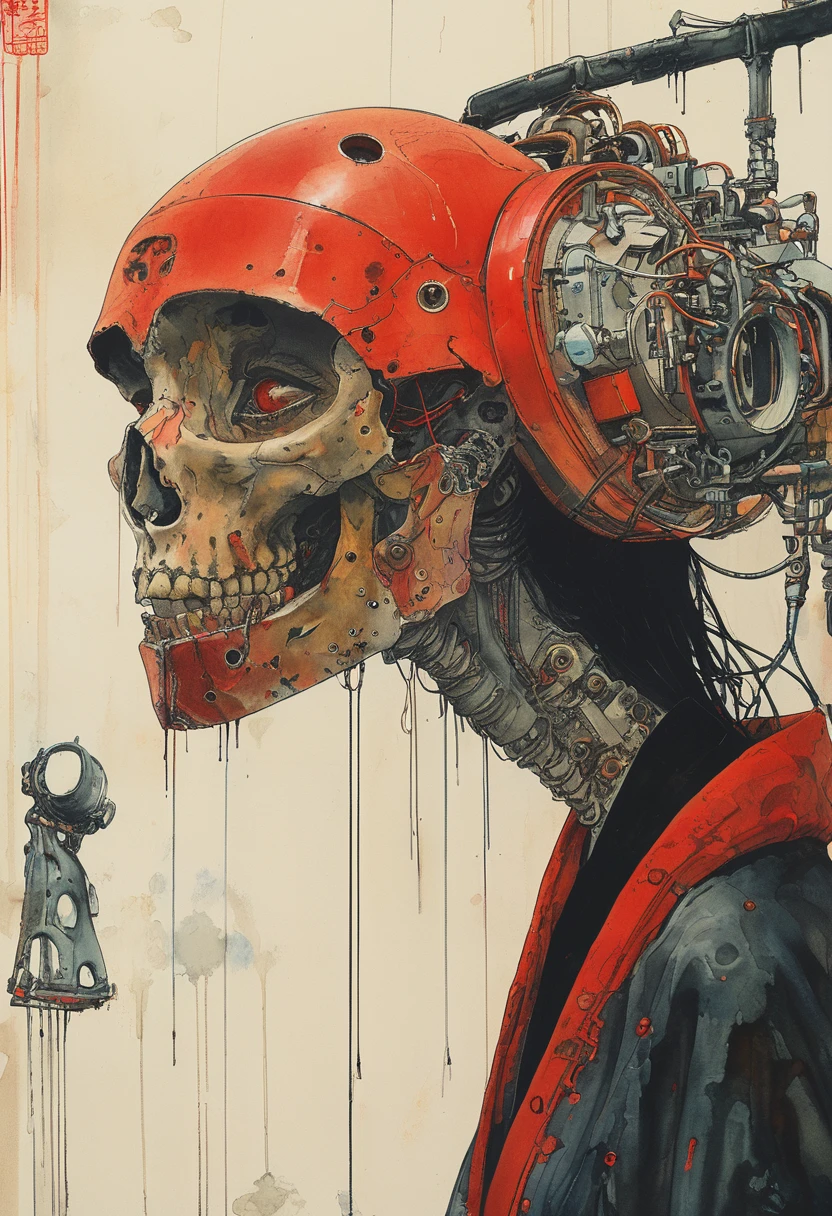 1 female demonic  cyborg , tubes connected to the wall
beautiful 
long black hair
praying
mechanical limbs
red turtle neck tight
skulls
(color ink painting by  Katsuhiro Otomo, Moebius, Victo Ngai	 Katsuya Terada, Aaron Horkey )