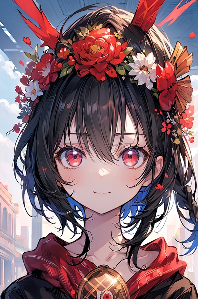 (masterpiece, highest quality, highest quality, (No text), Beautiful and aesthetic:1.2),No text,アニメ、BREAK,One Girl，Black Hair Girl　short hair　Tree Eyes　Beautiful eyes　Red eyes　cool　smile　Red and Black　one piece　whole body
