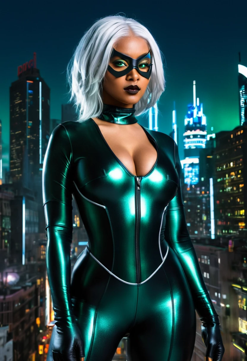 (32K, Best quality, Masterpiece: 1, 2), (Realistic, photograph realistic: 1,37), Top quality, Masterpiece, curvy a white hair woman in a ((black bodysuit)) and small mask
  upper body photo (Photo realistic),A cyberpunk curvy black woman with green eyes and shiny blue hair stands against a backdrop of a futuristic cityscape. She wears a sleek, metallic blue bodysuit that shimmers under the neon lights. The city behind her is a blend of towering skyscrapers and neon signs, pulsating with vibrant colors