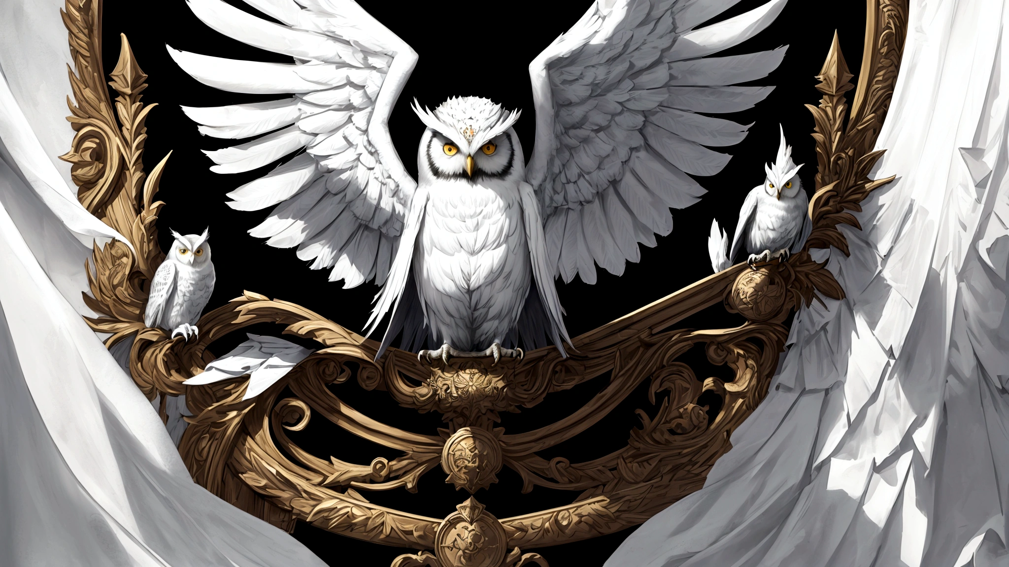 beautiful coat of arms in the form of a White Owl on the background of a black flag, fantasy