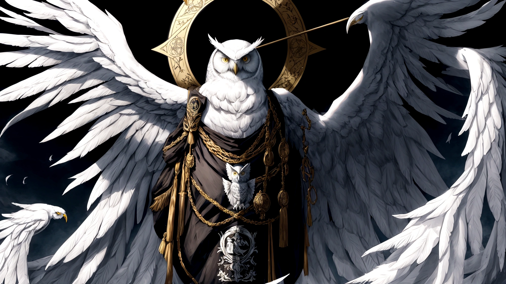 beautiful coat of arms in the form of a White Owl on the background of a black flag, fantasy