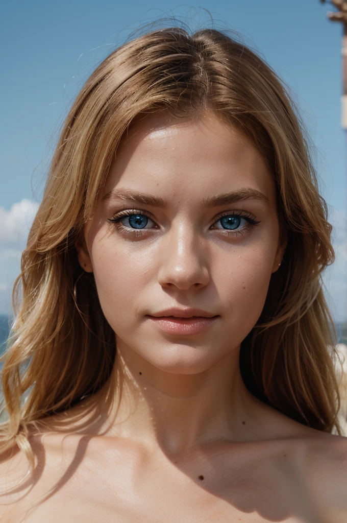 Generate me a portrait of a blonde woman with blue eyes in 4K