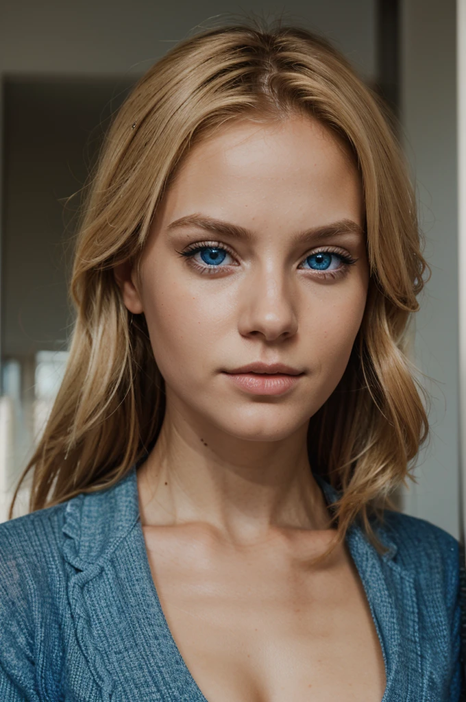Generate me a portrait of a blonde woman with blue eyes in 4K