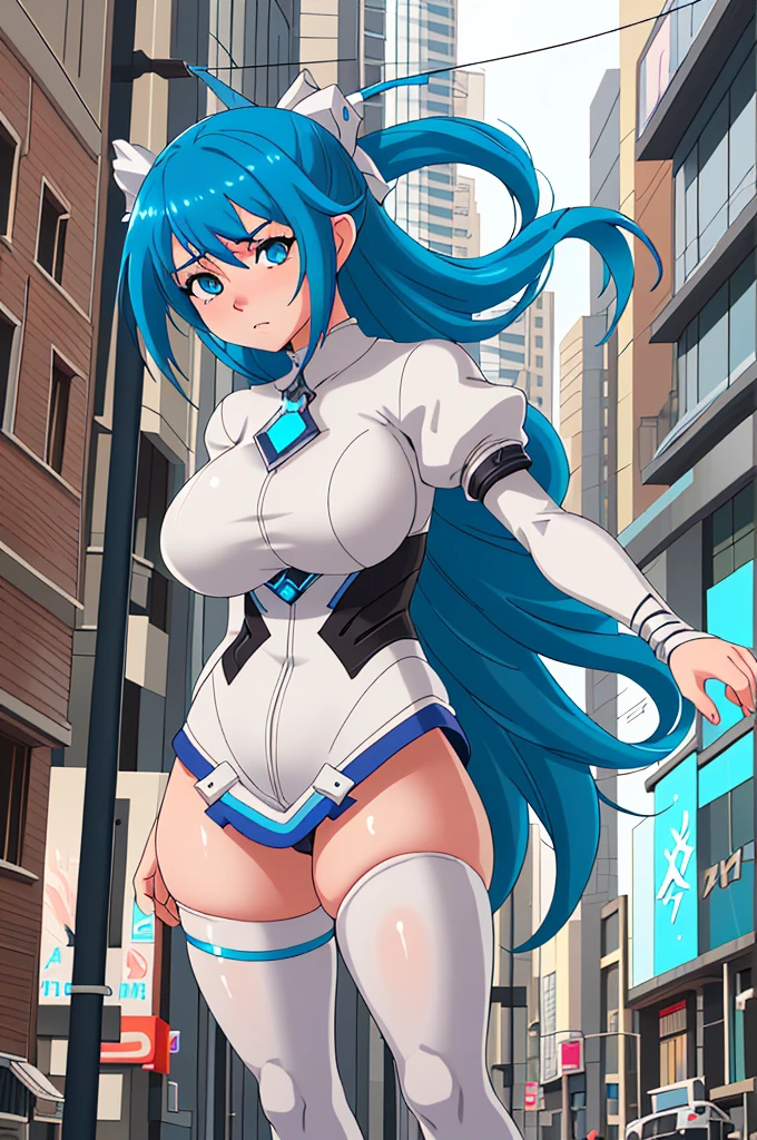 Anime girl with blue hair and white body posing on a city street., krenz cushart y artgerm, artistically gigantic, lindosexyrobutts, high resolution commission, Extremely detailed artistic germ, Hate, Thick, muslos Thicks y lisos de warframe, CO Commission, artgerm and Lois van Baarle
