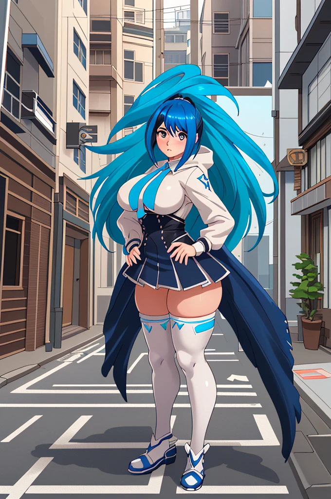 Anime girl with blue hair and white body posing on a city street., krenz cushart y artgerm, artistically gigantic, lindosexyrobutts, high resolution commission, Extremely detailed artistic germ, Hate, Thick, muslos Thicks y lisos de warframe, CO Commission, artgerm and Lois van Baarle