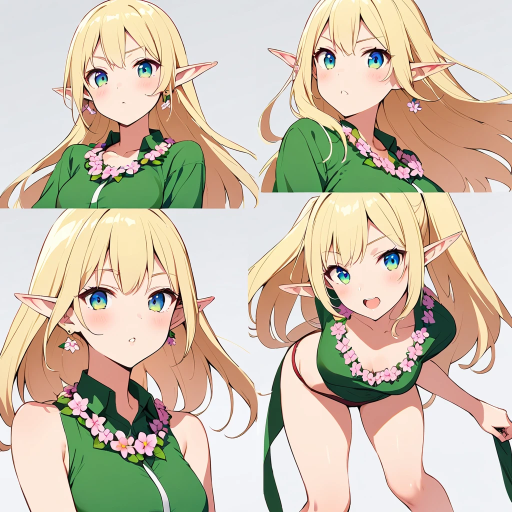 16k works,Highest quality,18-year-old,No background.White background only,whole body、Kneel,Dynamic and sexy pose, alone, Beautiful Face,, Symmetrical eyes, Perfect body, Good balance、 Perfect body、blonde, Elf Fairy, ( Wearing an elf costume:1.5, Elf Ears, Corolla:1.3, Flower Earrings, Flower Necklace )