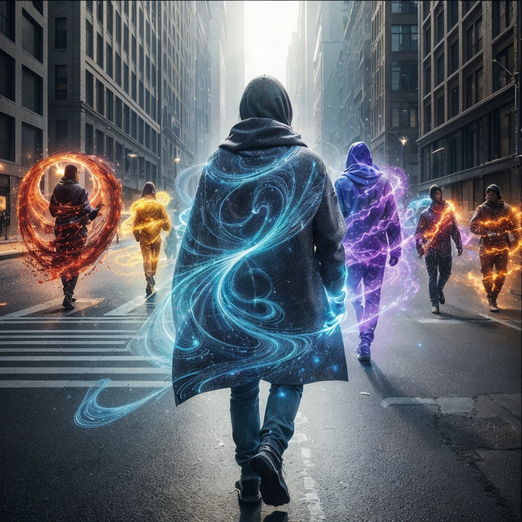 Several people walk down the street wrapped in a magnetic aura of different colors. Photorealism, full view, highly detailed image, very realistic, hyperrealism, Ultra HD, 8k, 5, sharp focus, intricate and mysterious masterpiece.(Long exposure photography Very detailed close-up portrait artistic illustration: final quality, medium shot, backlight, Rich and striking. Enigmatic and mysterious manipulations (composition of the rule of thirds), ((detailed environment with strong lines) The best quality, in camera, white light, warm and clean aesthetics, dazzling screen composed of millions of brilliant ultraviolet rays, HDR.