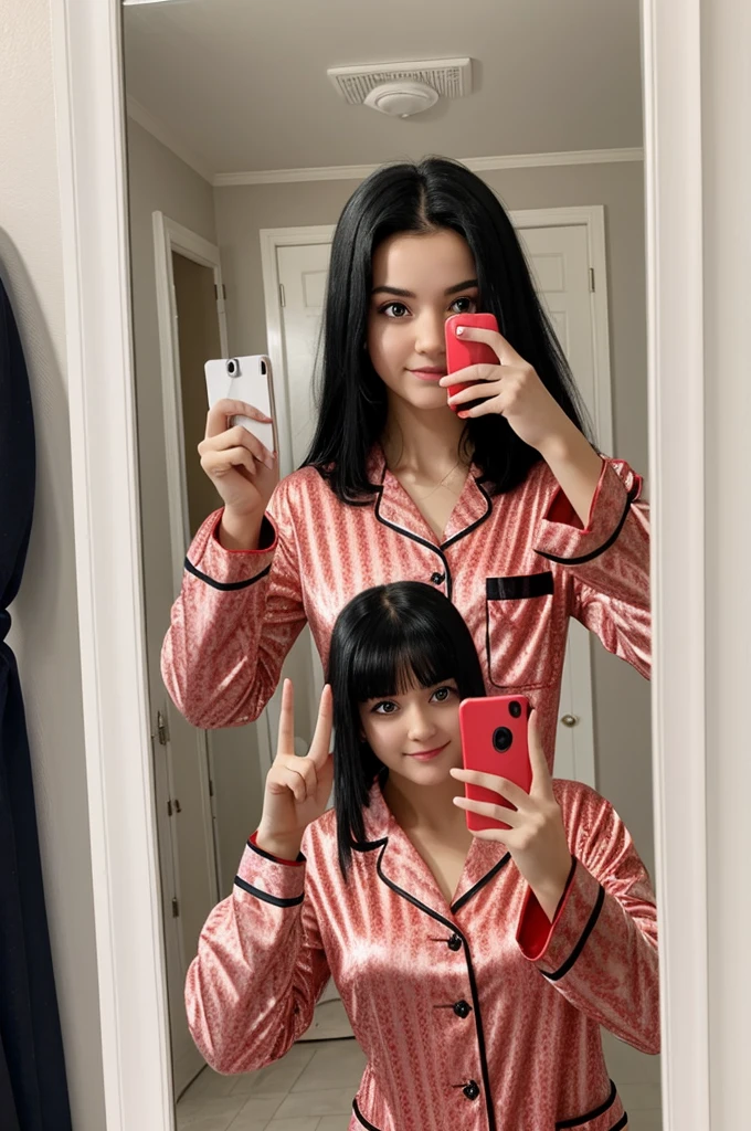 girl in pajamas, black hair, black eyes , taking a selfie through the mirror, she has a cold and a red nose , with one hand on the white cell phone and the other showing two fingers in a peace sign