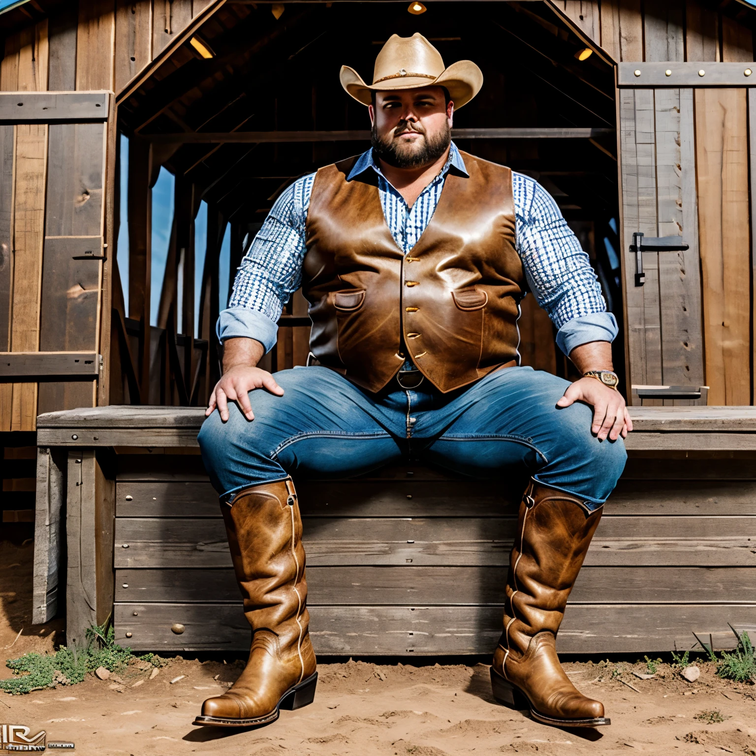 HQ photo, full view, full body, over-muscular over-bloated bodybuilded cowboy looking like a fat obese bull with his huge golden nose piercing, with a brown leather cowboy vest chaps and boots and hat, dozens of golden rings, sitting on a woodend fence in front of a barn with jeans under chaps and no shirt under vest, his cowboy boots must be seen