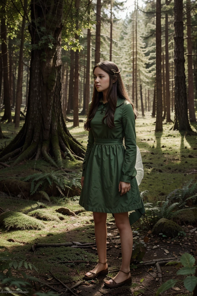 Illustration for a fairy tale about a girl standing in the forest who can talk to animals
