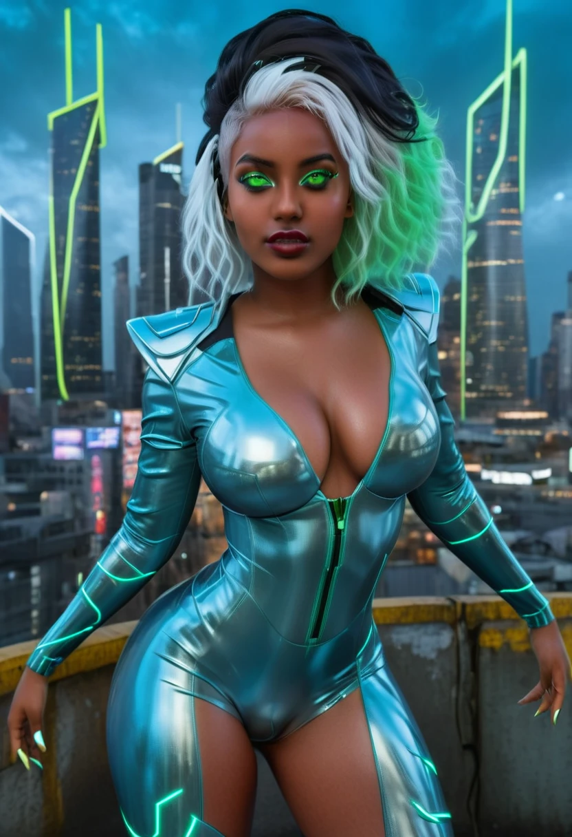 (32K, Best quality, Masterpiece: 1, 2), (Realistic, photograph realistic: 1,37), Top quality, Masterpiece, curvy black woman upper body photo (Photo realistic),A cyberpunk curvy black woman with green eyes and shiny blue hair stands against a backdrop of a futuristic cityscape. She wears a sleek, metallic blue bodysuit that shimmers under the neon lights. The city behind her is a blend of towering skyscrapers and neon signs, pulsating with vibrant colors