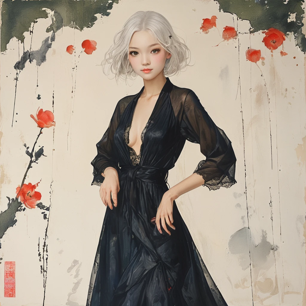 On a bright red campus"YES"Character、((Create), (top quality, masterpiece, outstanding work of art), (one young girl - 18 years old, nude, full growth, white hair, white skin, scarlet lips-smile; black, expressive playful eyes, long eyelashes), (black translucent - chiffon dress, gold line, very short peignoir dress), (very sexy body, seductive body, small beautiful breasts, genitals), (calm relaxed pose, hair fluttering in the wind, half turn, look at the viewer, stylish girl model)). ((Quality oil painting, outstanding craftsmanship, oil painting done by the hand of a master), (daylight, soft warm shadows, contrasting cold light, reflexes, refraction, tracing)). ((background - stunning blooming irises; (purple, yellow, blue, white), (petals, shoots)).((Highest quality workmanship, realism, oil painting, modern brushwork, master's hand, clear correct ???????, grace, simplicity performance), (HD quality, clear focus)).