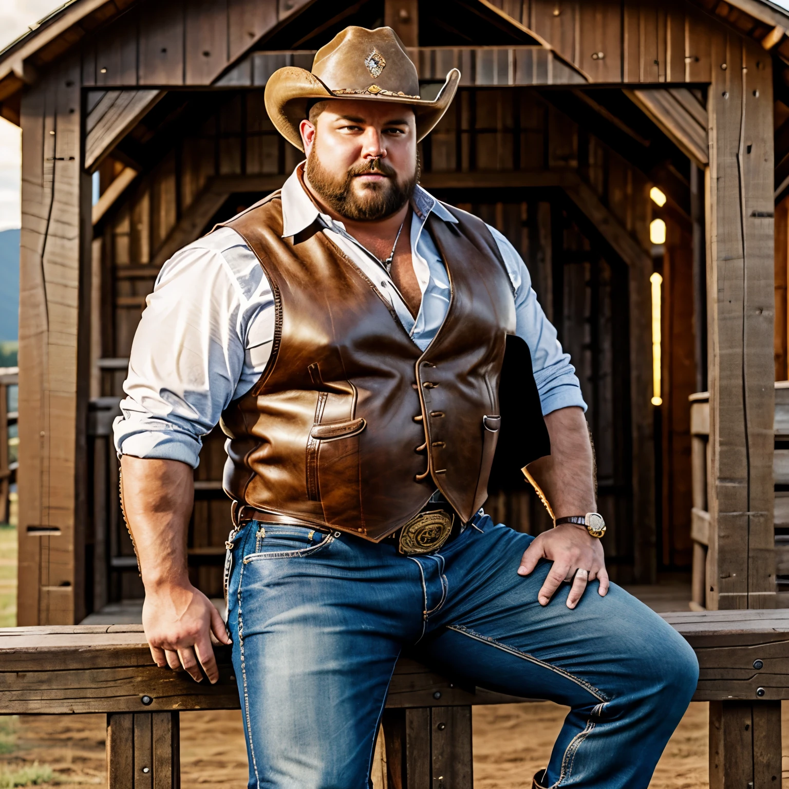 HQ photo, full view, full body, over-muscular over-bloated bodybuilded cowboy looking like a fat obese bull with his huge golden nose piercing, with a brown leather cowboy vest chaps and boots and hat, dozens of golden rings, sitting on a woodend fence in front of a barn with jeans under chaps and no shirt under vest, his cowboy boots must be seen