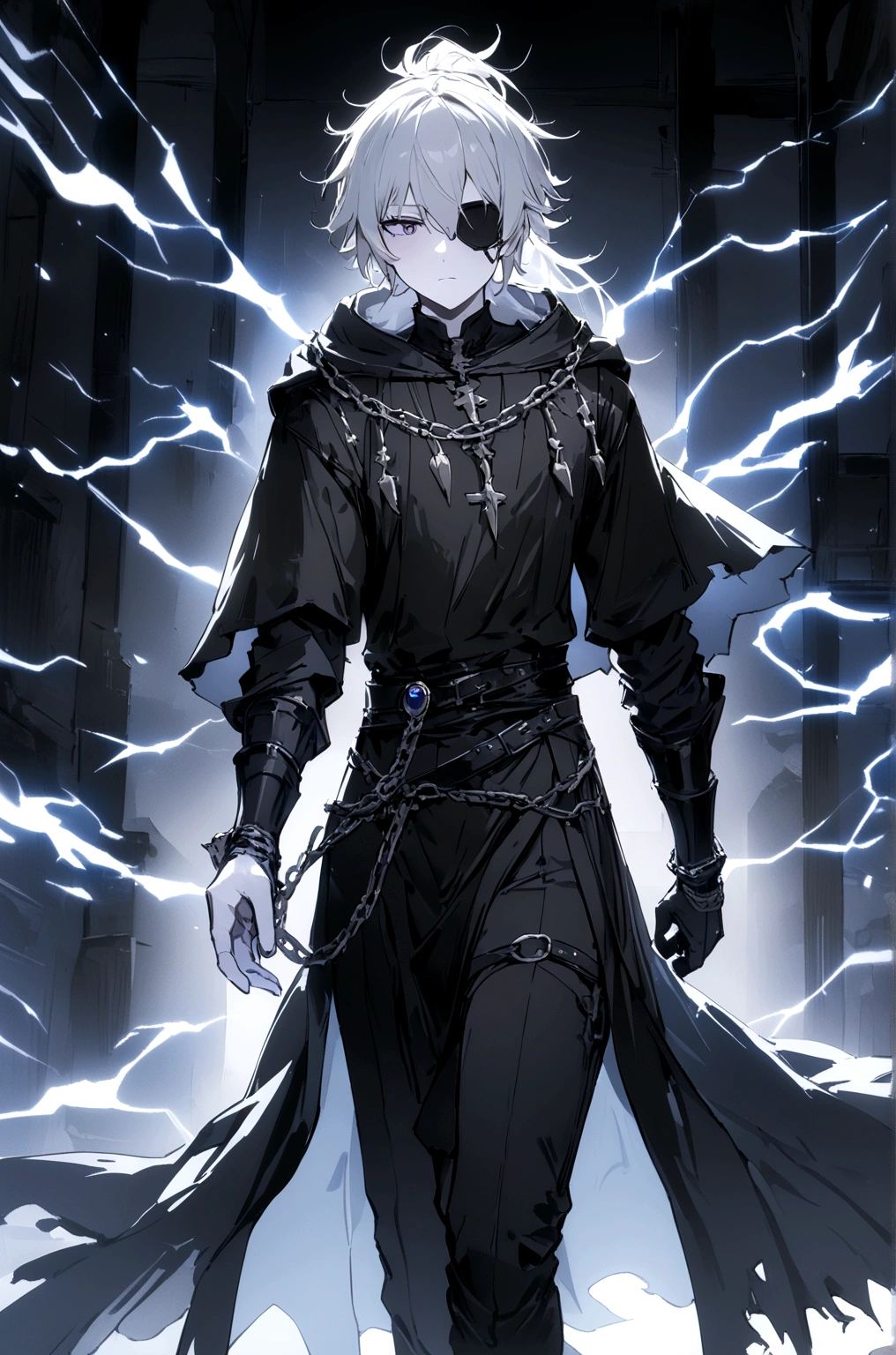 Anime character. A man, he was medieval. 27 years old, large body, cold gaze, cold expression, white skin, short and messy gray hair, ponytail, left eye patch, black clothes, black shirt, dark cape with hood, several chains. frontal camera. Walking under the red moonlight. White electricity emanating from his body, black electricity emanating from his left hand. Iris of the right eye glowing white. Thunderous white lightning. (best quality, 4k, 8k, high resolution, masterpiece: 1.2)