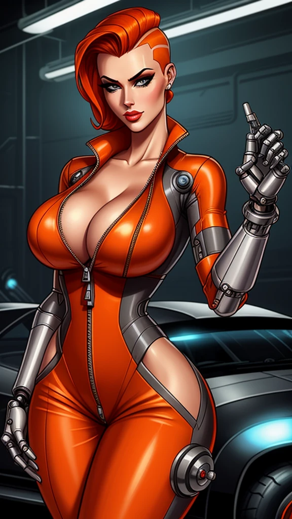 Femme Fatale, gorgeous mechanic, atompunk, blank background, retro-futurism, mechanical hand, cybernetic augments, unzipped orange jumpsuit, gunmetal grey, cleavage, half shaved head, ginger hair