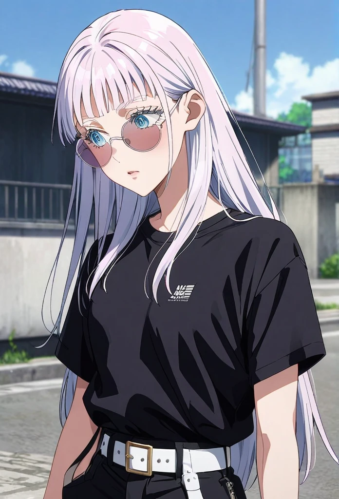 ((Gojo Satoru, female gojo satoru)) Woman, age 18, white hair, hair bangs, (wears round sunglasess) white eyebrows, white eyelash, white eyelashes, detailed eyes, ((blue eyes)), wearing black shirt, high quality, 4k resolution, anime, ((straight hair))
