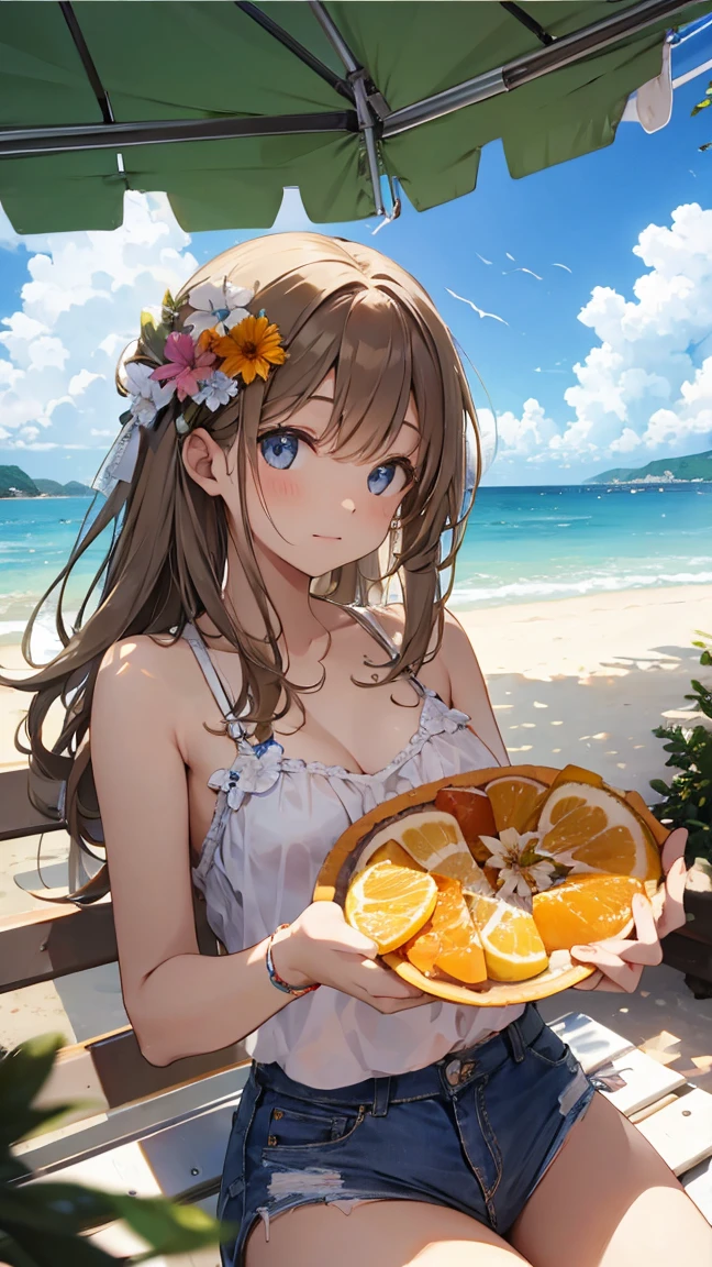 A cute frilly orange bra、Cute orange frilly underwear、barefoot、Sandy beach, cumulonimbus clouds, blue sky and apple house、An overflowing pile of mandarins, apples, muscat grapes, bananas and melon on top of the girl.