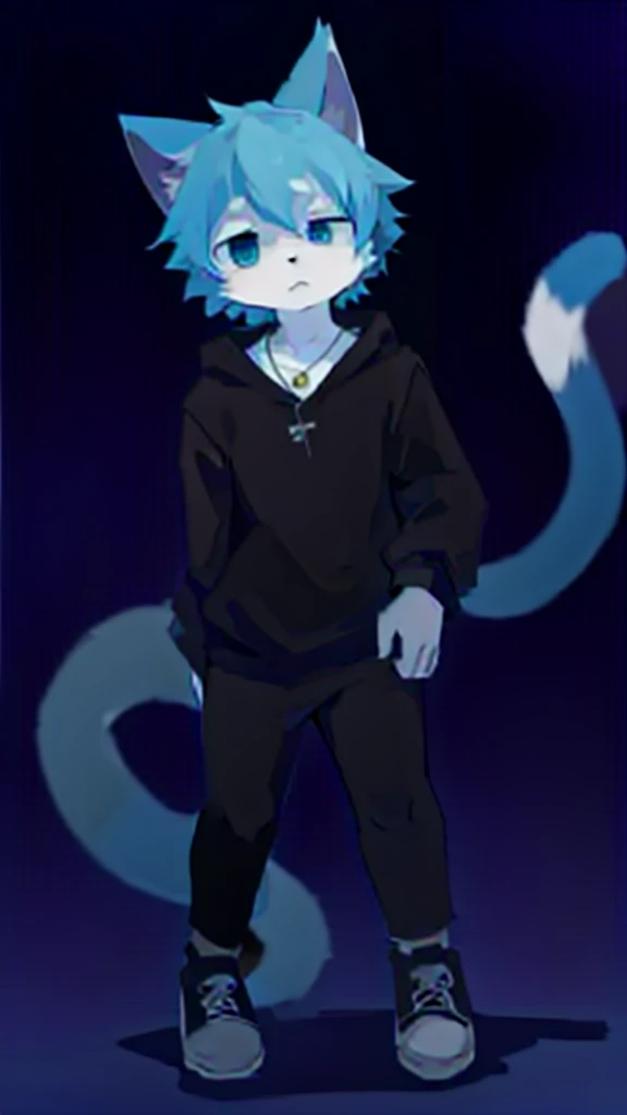 Anime furry, light blue and white fur, blue hair with white accents, cat style, kemono style, 2D anime style wearing blue sweatshirt and black sneakers with white line pattern, wearing a light blue hoodie with black shirt inside, with a small square necklace, Single character full body, 2 d style, full body adoptable, full body single character, 2d anime, full body portrait of a short!, full body character, anime style character, Anime boy.