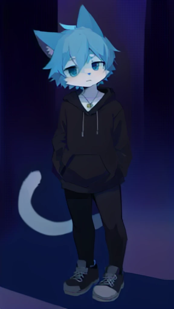 Anime furry, light blue and white fur, blue hair with white accents, cat style, kemono style, 2D anime style wearing blue sweatshirt and black sneakers with white line pattern, wearing a light blue hoodie with black shirt inside, with a small square necklace, Single character full body, 2 d style, full body adoptable, full body single character, 2d anime, full body portrait of a short!, full body character, anime style character, Anime boy.
