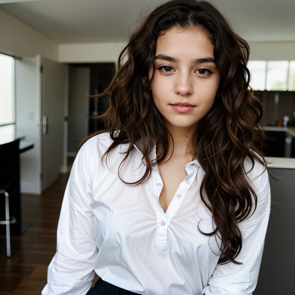 1 woman,22 years old , wavy hair, dark brown eyes, nue