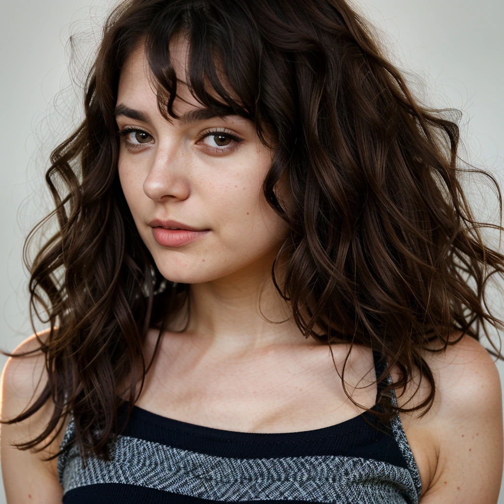 1 woman,22 years old , wavy hair, dark brown eyes, nue