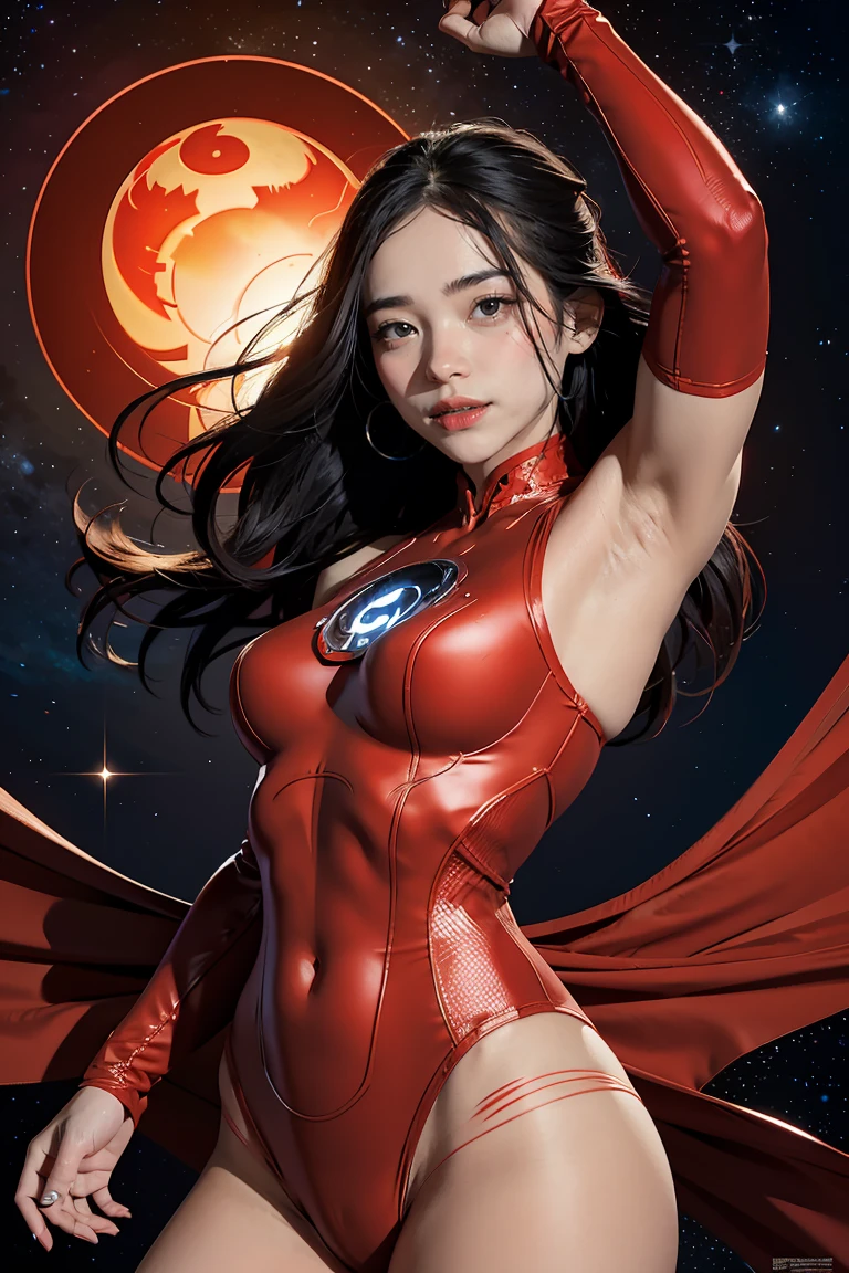 (best quality, 4k, highres, photorealistic), (concept art: 1.2), (bright colors: 1.1), (glowing effect: 1.1), (intense red: 1.2), (dynamic pose: 1.1), (powerful aura: 1.2), (fierce expression: 1.1), (sparkling eyes: 1.1), (flowing hair: 1.1), (ethereal beauty: 1.3), (background: cosmic scenery), (cosmic energy: 1.2), (vibrant stars: 1.1), (energy beams: 1.1), (futuristic technology: 1.2) An angry beautiful woman with lined lips, wearing a red bodysuit that tightly hugs her muscular and toned skin. Her outfit covers her navel and is adorned with intricate makeup designs. She is the iconic Red Lantern, a superhero from the DC Comics universe with extraordinary powers. This version of Red Lantern is a muscular and powerful female character, wearing an all-red uniform that accentuates her figure. Her bodysuit is fitted to her form, emphasizing her curves. The viewer's attention is drawn to her medium-sized breasts, which are beautifully detailed and add to her realism and overall aesthetic. As she looks directly at the viewer, her captivating gaze is enhanced by the realism of her eyes, which sparkle with intensity. Her expression is fierce and determined, displaying her unwavering dedication to protecting the innocent. The artwork is of the highest quality, with a resolution of 4K, showcasing every ultra-detailed aspect of the beautiful woman. The photorealistic style brings her to life, making her appear as if she could step off the canvas and into reality. The artist has captured the essence of red Lantern's power and aura, with a vibrant and dynamic pose. Her body emanates a powerful and glowing green energy, forming a captivating cosmic scenery background. The starry night sky is filled with vibrant and vivid colors, giving the artwork an otherworldly feel. The cosmic energy radiating from red Lantern is depicted through energy beams and futuristic technology surrounding her. The intensity of her power is further emphasized by the bright and glo